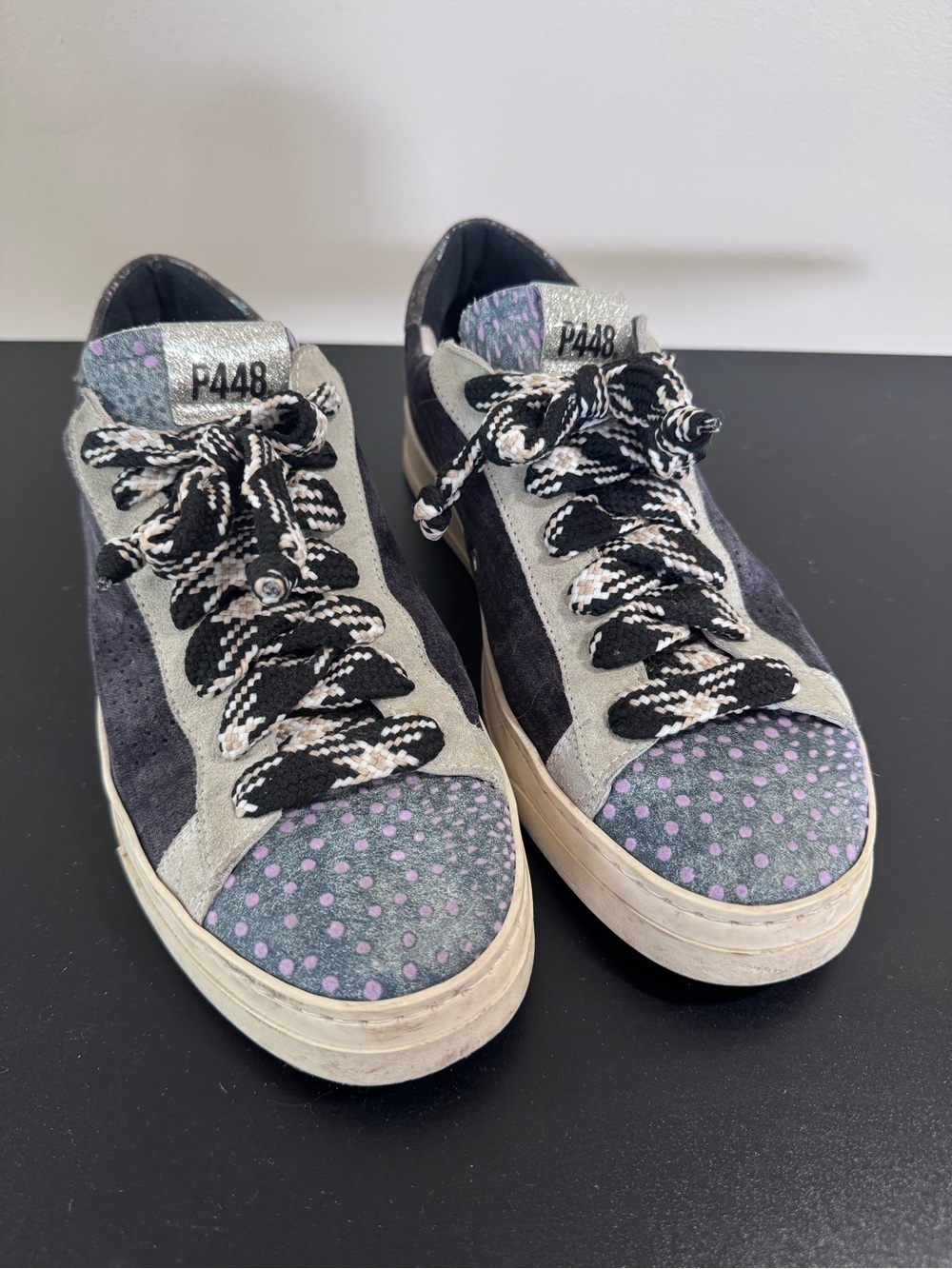 P448 Suede & Polka Dot Low-Top Sneakers in Black, Gray & Lavender